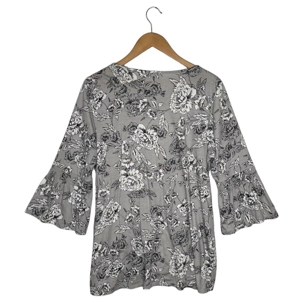 J Jill Top Womens L Floral Smocked Bell Sleeve Round Neck Modal Cotton Boho Gray - Picture 12 of 13